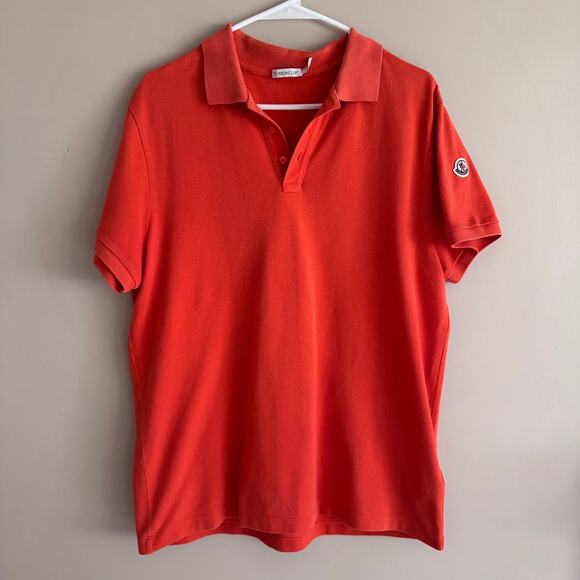 Moncler Men's Orange Short Sleeve Classic Polo Shirt Logo Patch Designer Large - Picture 1 of 10